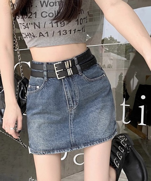 shoppinggo（ショッピングゴー）の「デニムミニスカート ダブルベルト デニムスカート ショートスカート（デニムスカート・レディース・ブラック/ブルー・M/L）」の11枚目の写真