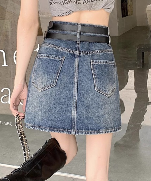 shoppinggo（ショッピングゴー）の「デニムミニスカート ダブルベルト デニムスカート ショートスカート（デニムスカート・レディース・ブラック/ブルー・M/L）」の12枚目の写真