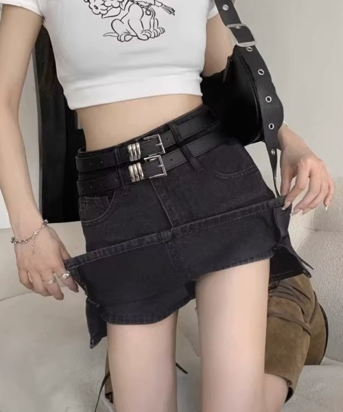 shoppinggo（ショッピングゴー）の「デニムミニスカート ダブルベルト デニムスカート ショートスカート（デニムスカート・レディース・ブラック/ブルー・M/L）」の22枚目の写真