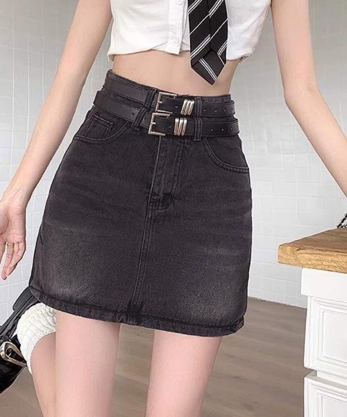 セール】デニムミニスカート ダブルベルト デニムスカート ショート