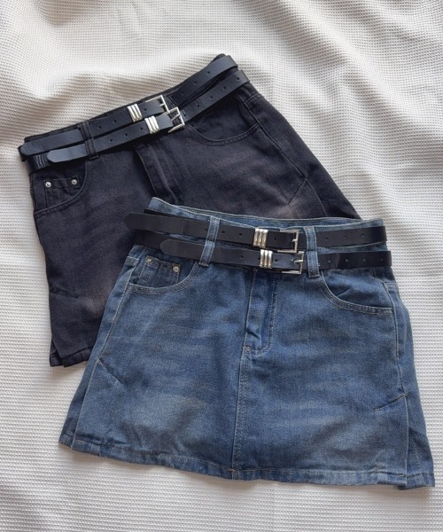 セール】デニムミニスカート ダブルベルト デニムスカート ショート