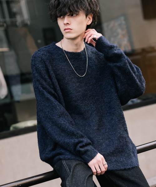 セール】オーバーサイズウール混ミックス糸プルオーバーニットセーター