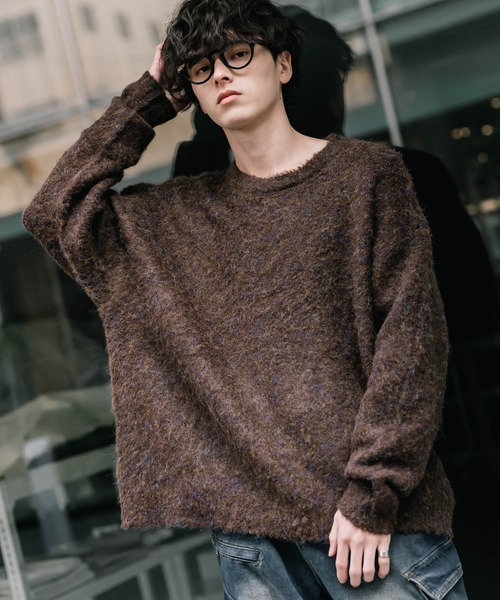 Rocky Monroe(ロッキーモンロー)の「オーバーサイズウール混ミックス糸プルオーバーニットセーター(ニット/セーター・メンズ・ダークブルー/チャコール/ブラック/ブラウン/オフホワイト・M/L/XL)」の4枚目の写真