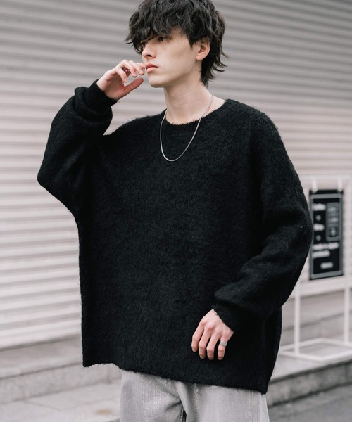 セール】オーバーサイズウール混ミックス糸プルオーバーニットセーター