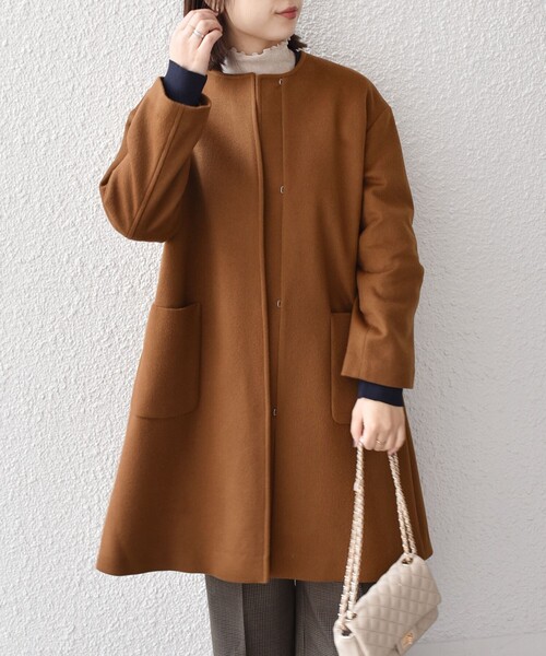 ships super100 ウール　ノーカラー ショートコート SHIPS any: スーパー100 ノーカラー ZIP ショートコート