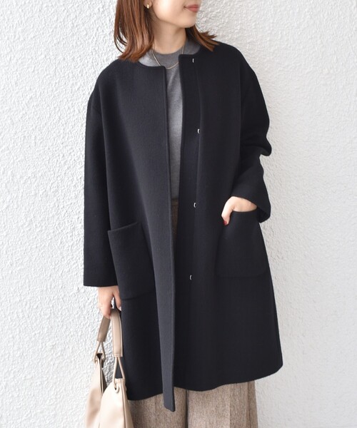 ships super100 ウール　ノーカラー ショートコート SHIPS any: スーパー100 ノーカラー ZIP ショートコート