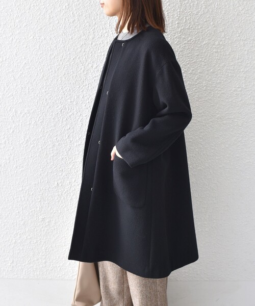 美品✨️イレーヴ　super100’s ダブルメルトン　ノーカラーコート　ネイビー 美品✨イレーヴ super100's ダブルメルトンノーカラーコート ネイビー