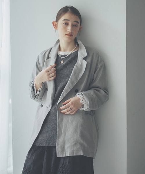 サルトリオ⭐️46⭐️新ロゴ⭐️未使用⭐️春夏ジャケット ⭐️グレーベージュ×シルクリネン セットアップ可能】リネンライク カラーレスジャケット（ノーカラー