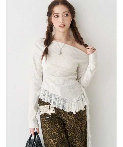 EVRIS（エヴリス）の「レースドッキングアシンメトリートップス（Tシャツ/カットソー・レディース・ホワイト/ブラック・FREE）」の2枚目の写真