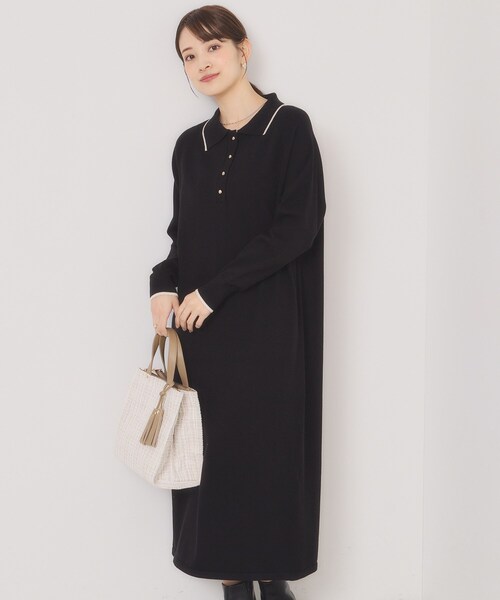 ITS'DEMO（イッツデモ）の「【手洗い可】ポロ衿ニットワンピース（ワンピース・レディース・ブラック/ライトベージュ/ブラウン系その他・00）」の4枚目の写真