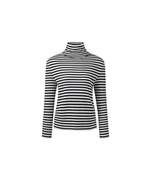 [レディース] ジャージストライプハイネックプリーツTシャツ (ブラック)