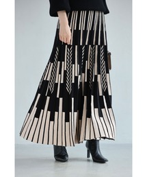 幾何学柄山折りプリーツニットのロングスカート