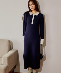 mysty woman | バイカラーニットポロワンピース 636599(ワンピース)