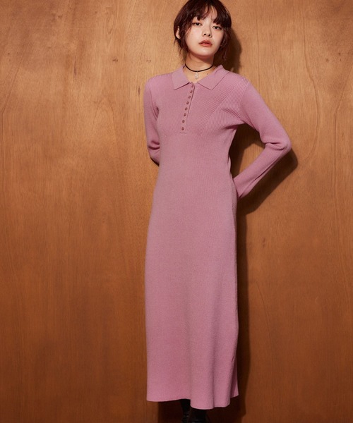 mysty woman（ミスティウーマン）の「バイカラーニットポロワンピース 636599（ワンピース・レディース・グレー/ピンク/ネイビー・FREE）」の4枚目の写真
