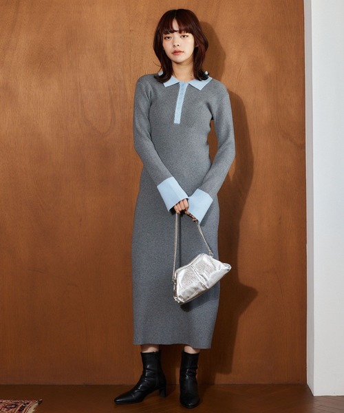 mysty woman（ミスティウーマン）の「バイカラーニットポロワンピース 636599（ワンピース・レディース・グレー/ピンク/ネイビー・FREE）」の5枚目の写真