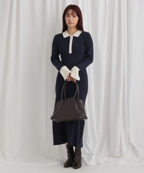 mysty woman（ミスティウーマン）の「バイカラーニットポロワンピース 636599（ワンピース・レディース・グレー/ピンク/ネイビー・FREE）」の7枚目の写真