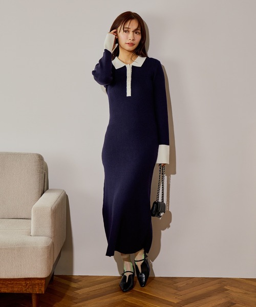 バイカラーニットポロワンピース 636599（ワンピース）｜mysty woman