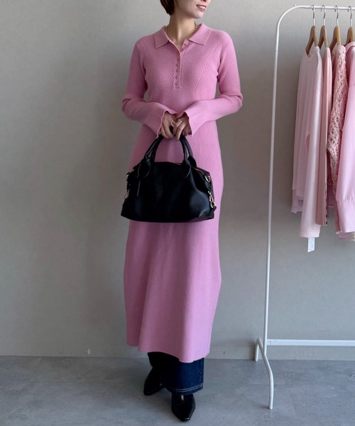 mysty woman（ミスティウーマン）の「バイカラーニットポロワンピース 636599（ワンピース・レディース・グレー/ピンク/ネイビー・FREE）」の4枚目の写真