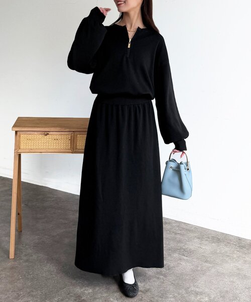 Chez toi（シェトワ）の「【セットアイテム】ハーフジップ×セミフレアスカート（つなぎ/オールインワン・レディース・グレー/ブラック・FREE）」の2枚目の写真