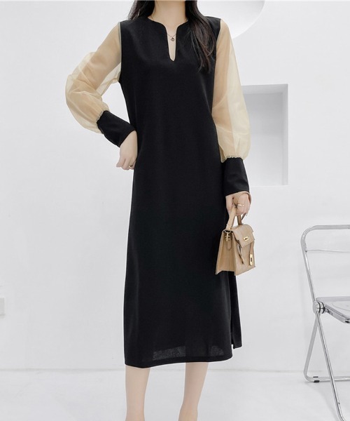 Flugge(フラッジー)の「シアースリーブロングワンピ(ワンピース・レディース・ブラック/ベージュ・MEDIUM/LARGE)」の2枚目の写真