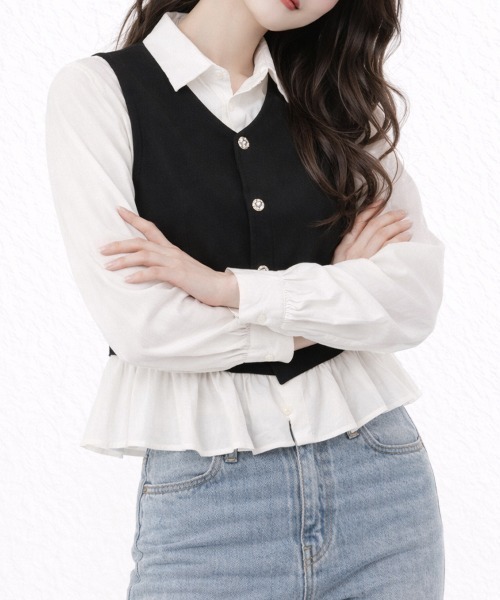 SallyLunn（サリーラン）の「レイヤード風ビスチェドッキングシャツ（シャツ/ブラウス・レディース・ブラック・LARGE/MEDIUM/SMALL）」の2枚目の写真