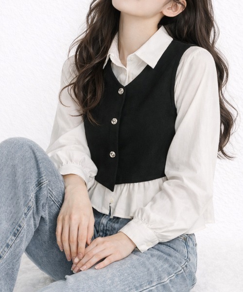 SallyLunn（サリーラン）の「レイヤード風ビスチェドッキングシャツ（シャツ/ブラウス・レディース・ブラック・LARGE/MEDIUM/SMALL）」の4枚目の写真