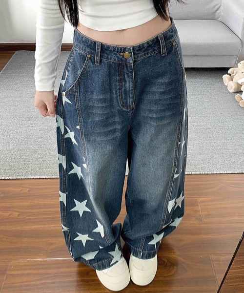 core core(コアコア)の「スター柄デニムカーブパンツ(デニムパンツ・レディース・ダークブルー/ライトブルー・S/M/L)」の2枚目の写真