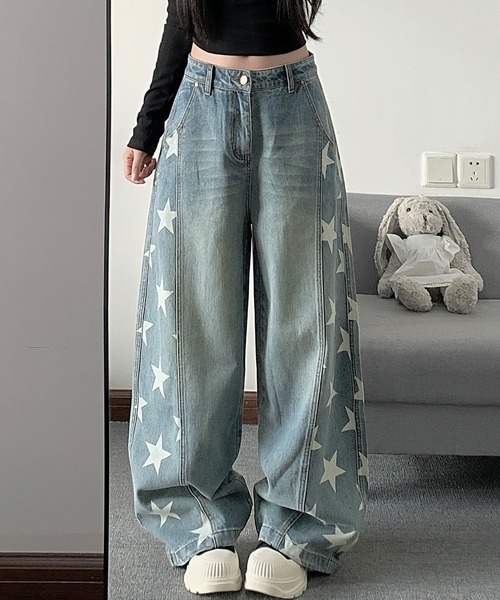 core core(コアコア)の「スター柄デニムカーブパンツ(デニムパンツ・レディース・ダークブルー/ライトブルー・S/M/L)」の1枚目の写真