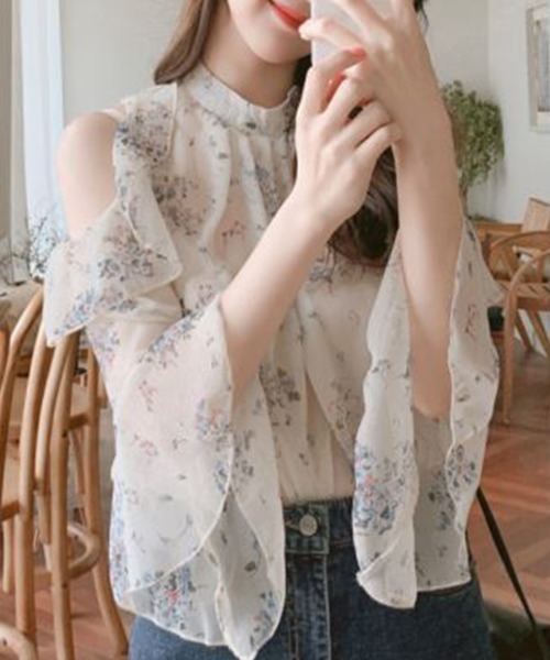 mielu(ミエル)の「《大人きれいめフェミニン♪》オフショルダー花柄シフォンブラウス 春夏(シャツ/ブラウス・レディース・オレンジ/アイボリー・MEDIUM/LARGE)」の10枚目の写真