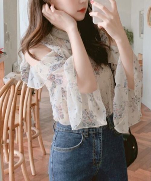 mielu(ミエル)の「《大人きれいめフェミニン♪》オフショルダー花柄シフォンブラウス 春夏(シャツ/ブラウス・レディース・オレンジ/アイボリー・MEDIUM/LARGE)」の11枚目の写真