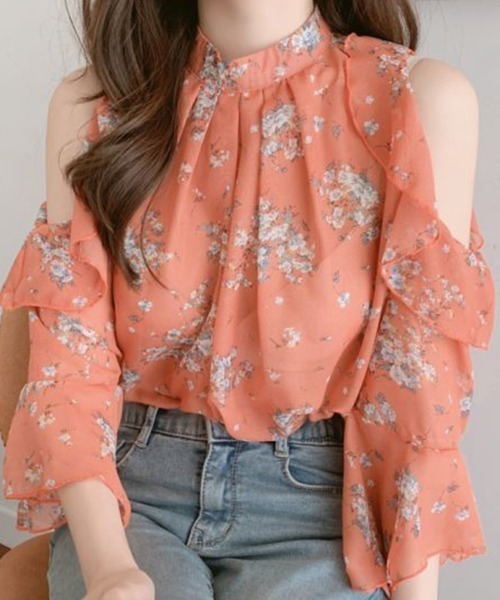 mielu(ミエル)の「《大人きれいめフェミニン♪》オフショルダー花柄シフォンブラウス 春夏(シャツ/ブラウス・レディース・オレンジ/アイボリー・MEDIUM/LARGE)」の5枚目の写真