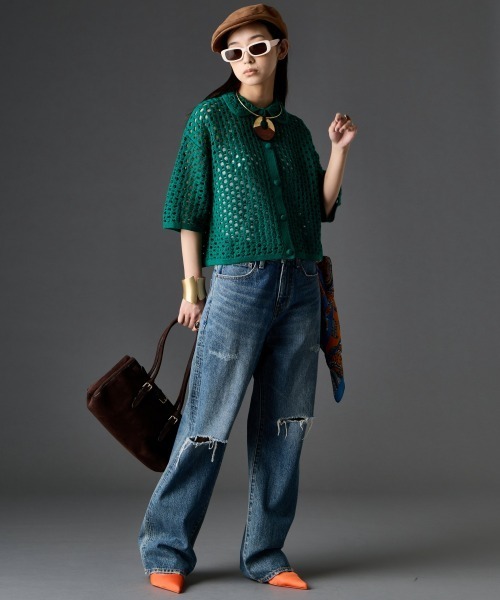 GEVS.（ジェイヴィス）の「【セットアップ対応】綿100％クロシェ風透かし編カーディガン＜大きいサイズ有＞GEVS.（カーディガン/ボレロ・レディース・ブラック/グリーン・L/M/5L/4L/3L/LL）」の8枚目の写真