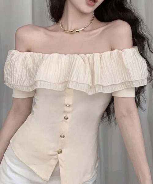 SHEPP(シープ)の「チュールフリルオフショルニット半袖プルオーバー(Tシャツ/カットソー・レディース・ブラック/アイボリー・M/S)」の6枚目の写真