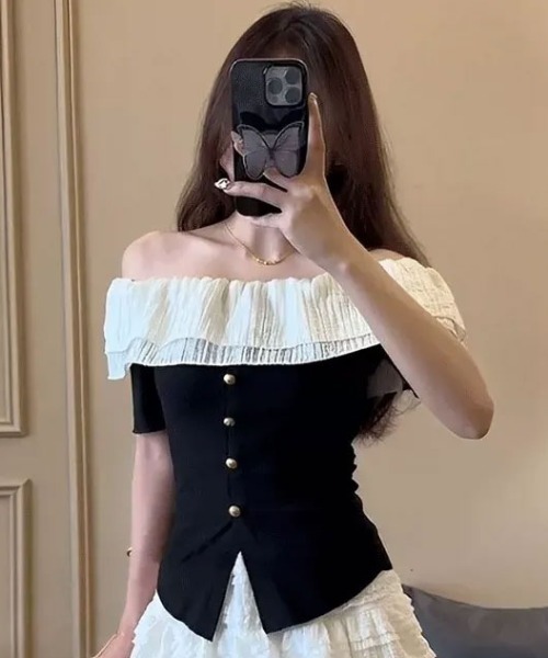 SHEPP(シープ)の「チュールフリルオフショルニット半袖プルオーバー(Tシャツ/カットソー・レディース・ブラック/アイボリー・M/S)」の10枚目の写真