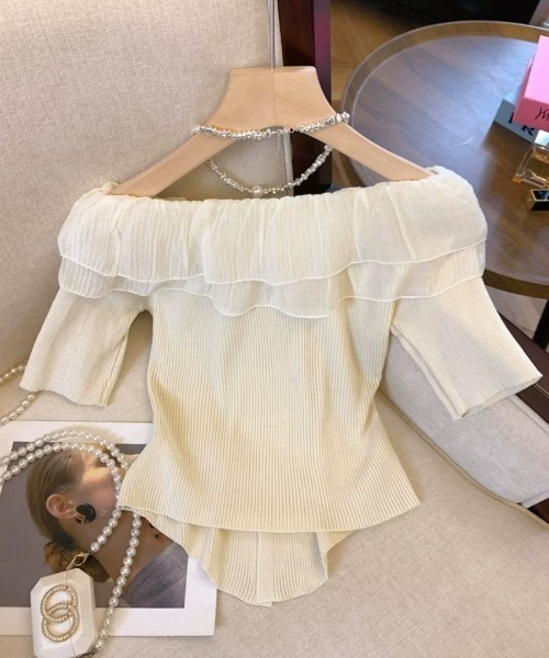 SHEPP(シープ)の「チュールフリルオフショルニット半袖プルオーバー(Tシャツ/カットソー・レディース・ブラック/アイボリー・M/S)」の15枚目の写真