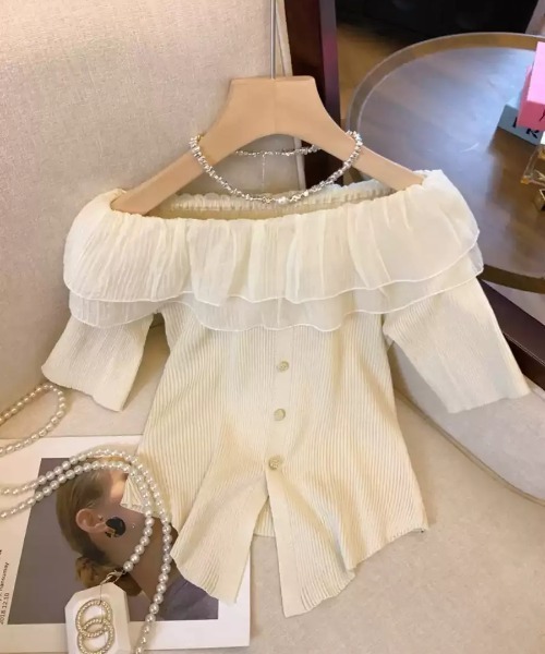 SHEPP(シープ)の「チュールフリルオフショルニット半袖プルオーバー(Tシャツ/カットソー・レディース・ブラック/アイボリー・M/S)」の14枚目の写真