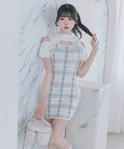 Belle Charme（ベルシャルム）の「【Belle Charme】2way Check Knit Onepiece（ワンピース・レディース・オフホワイト/ブラック/ピンク・FREE）」の7枚目の写真