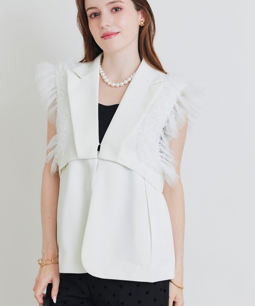 PICCIN PERLA(ピッチンペルラ)の「チュールフリルスリーブ2WAYジレ(ベスト・レディース・ブラック/オフホワイト・M)」の1枚目の写真