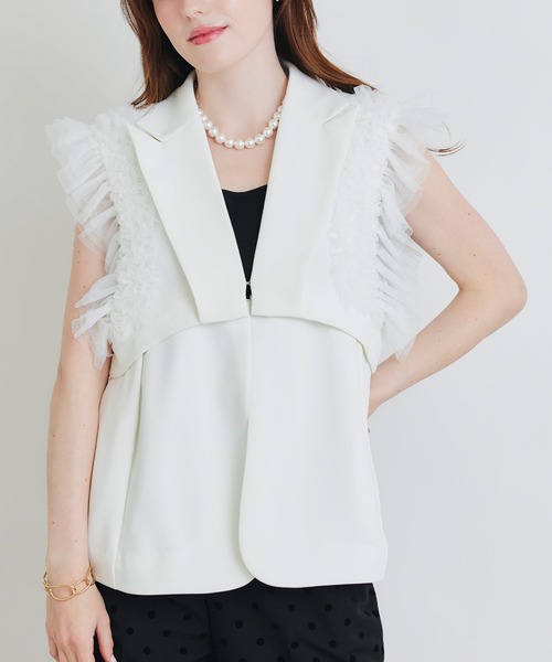 PICCIN PERLA(ピッチンペルラ)の「チュールフリルスリーブ2WAYジレ(ベスト・レディース・ブラック/オフホワイト・M)」の3枚目の写真