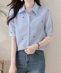 ストライプ×刺繍半袖シャツ