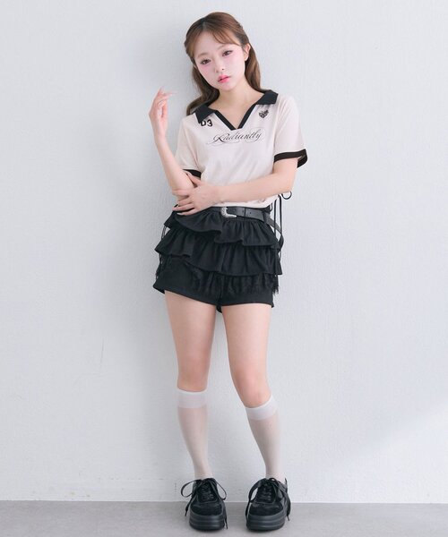 OLIVE des OLIVE(オリーブデオリーブ)の「レーストリムゲームシャツ(Tシャツ/カットソー・レディース・オフホワイト/ピンク/ブラック・FREE)」の11枚目の写真