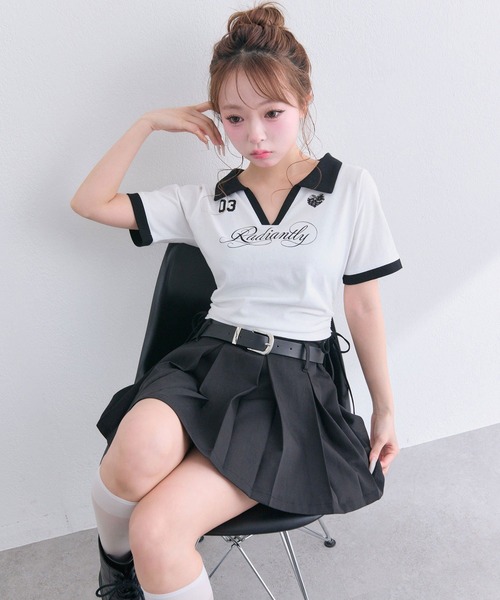 OLIVE des OLIVE(オリーブデオリーブ)の「レーストリムゲームシャツ(Tシャツ/カットソー・レディース・オフホワイト/ピンク/ブラック・FREE)」の2枚目の写真