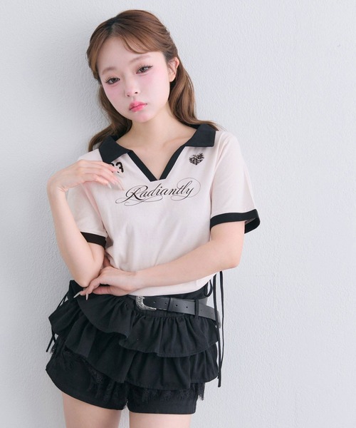 OLIVE des OLIVE(オリーブデオリーブ)の「レーストリムゲームシャツ(Tシャツ/カットソー・レディース・オフホワイト/ピンク/ブラック・FREE)」の3枚目の写真