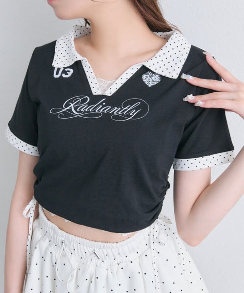 OLIVE des OLIVE(オリーブデオリーブ)の「レーストリムゲームシャツ(Tシャツ/カットソー・レディース・オフホワイト/ピンク/ブラック・FREE)」の1枚目の写真