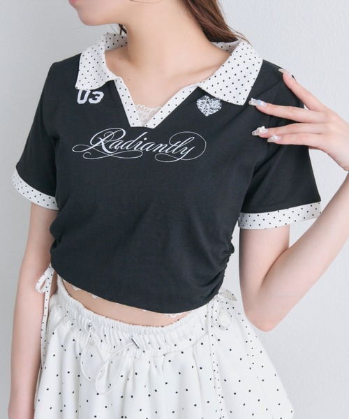 OLIVE des OLIVE(オリーブデオリーブ)の「レーストリムゲームシャツ(Tシャツ/カットソー・レディース・オフホワイト/ピンク/ブラック・FREE)」の9枚目の写真