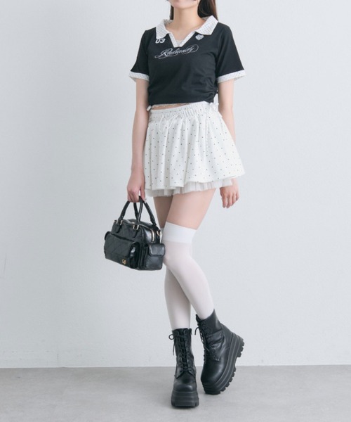 OLIVE des OLIVE(オリーブデオリーブ)の「レーストリムゲームシャツ(Tシャツ/カットソー・レディース・オフホワイト/ピンク/ブラック・FREE)」の8枚目の写真