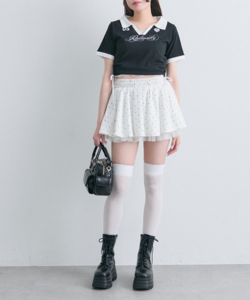 OLIVE des OLIVE(オリーブデオリーブ)の「レーストリムゲームシャツ(Tシャツ/カットソー・レディース・オフホワイト/ピンク/ブラック・FREE)」の7枚目の写真