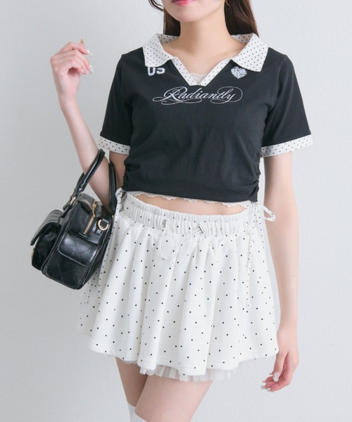 OLIVE des OLIVE(オリーブデオリーブ)の「レーストリムゲームシャツ(Tシャツ/カットソー・レディース・オフホワイト/ピンク/ブラック・FREE)」の6枚目の写真