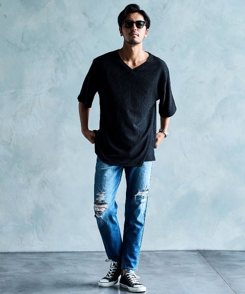 CavariA(キャバリア)の「『CavariA/キャバリア』楊柳VネックTシャツ 半袖(Tシャツ/カットソー・メンズ・グレイッシュベージュ/ブルーグリーン/ブラック・L/M)」の7枚目の写真