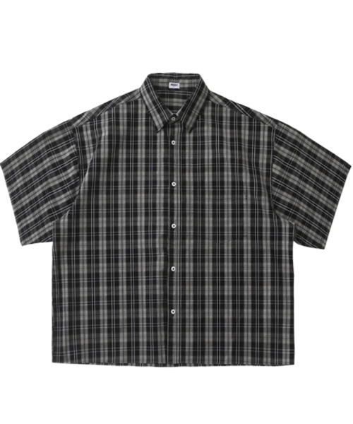 VINTAGE‑washing black check short‑sleeve shirt